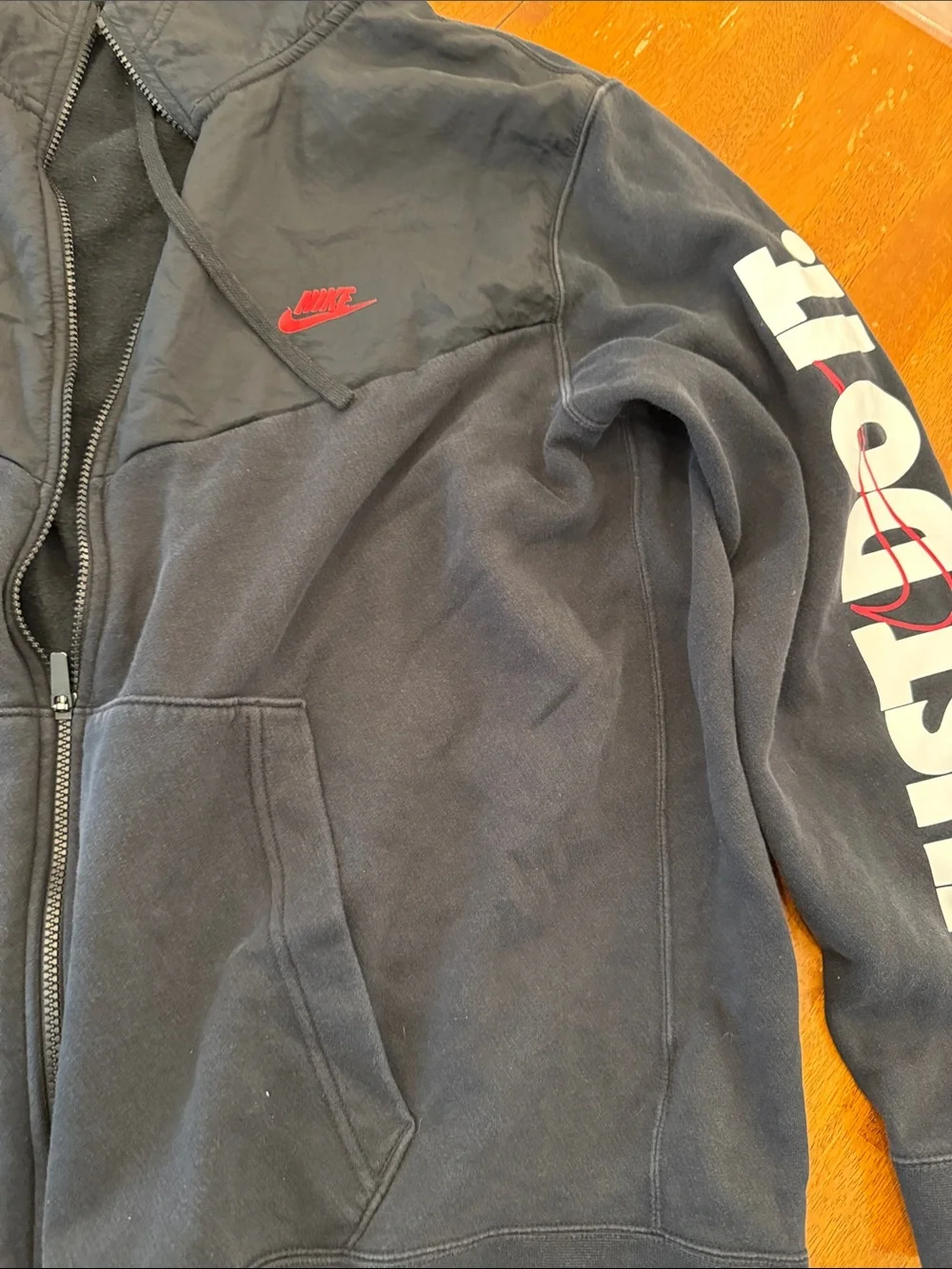 Nike Black Hoodie with Red Swoosh and White Sleeve Print xxl